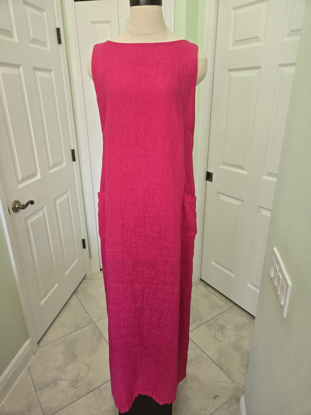 Haris Cotton 100% Linen Vibrant Pink SL Maxi Dress Side Pockets L Resort Coastal